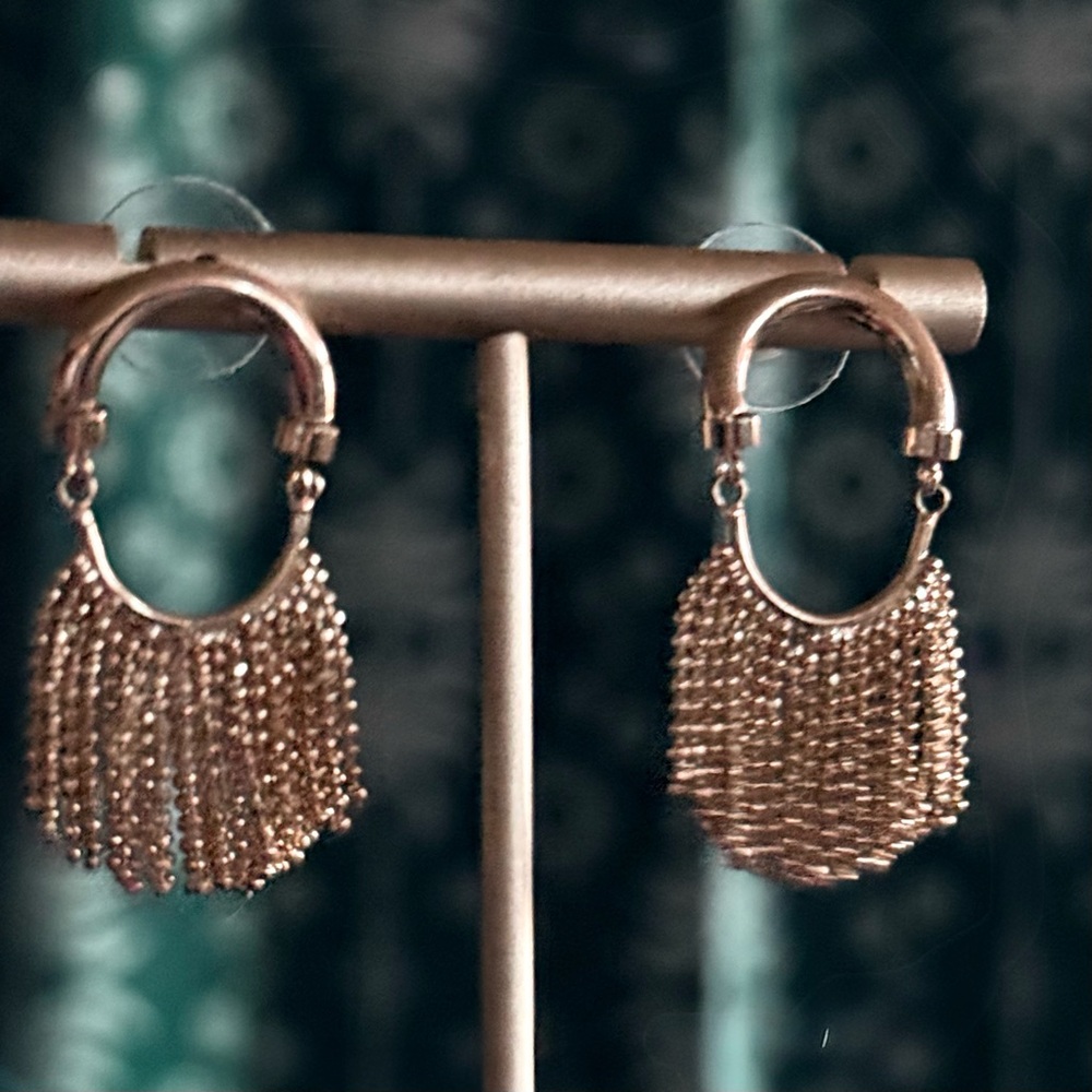 Geometric Hoop Semi Circle Fringe Fan Gold Statement Earrings by Natasha NWT - Picture 2 of 5